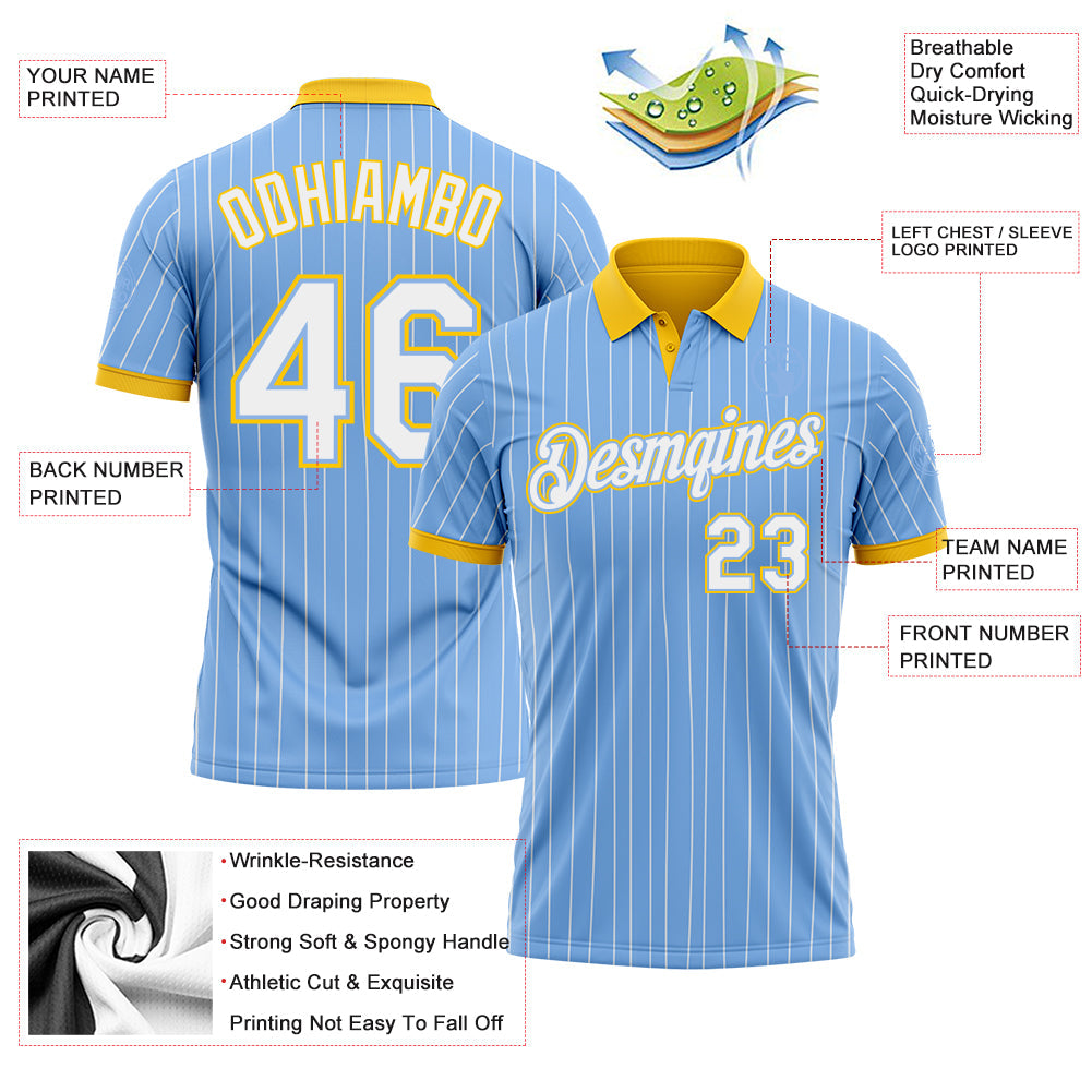 Custom Light Blue White Pinstripe-Yellow Performance Polo Shirt