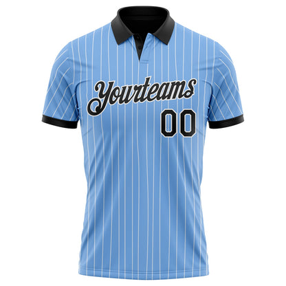 Custom Light Blue White Pinstripe-Black Performance Polo Shirt