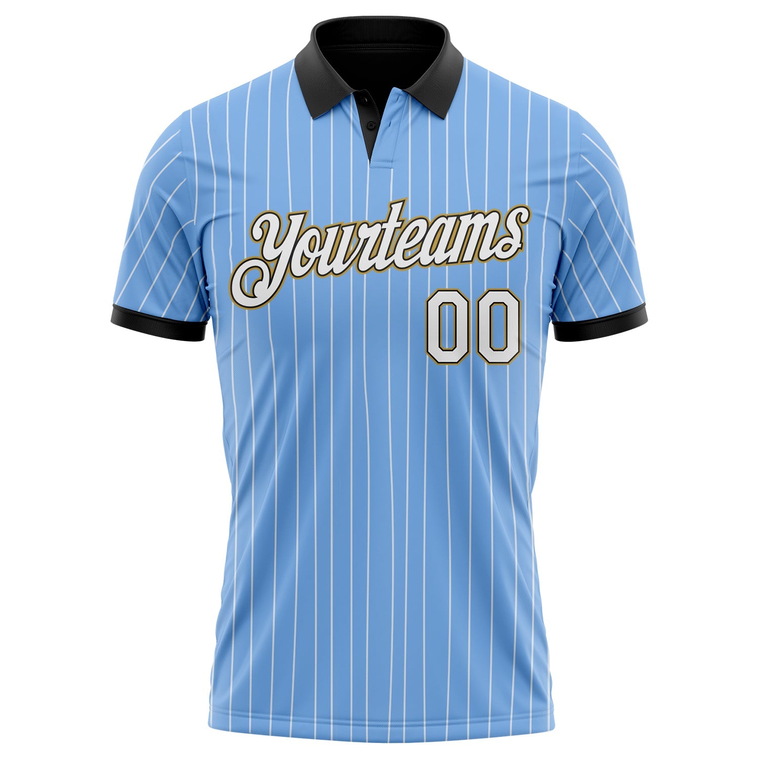 Custom Light Blue White Pinstripe Black-Old Gold Performance Polo Shirt