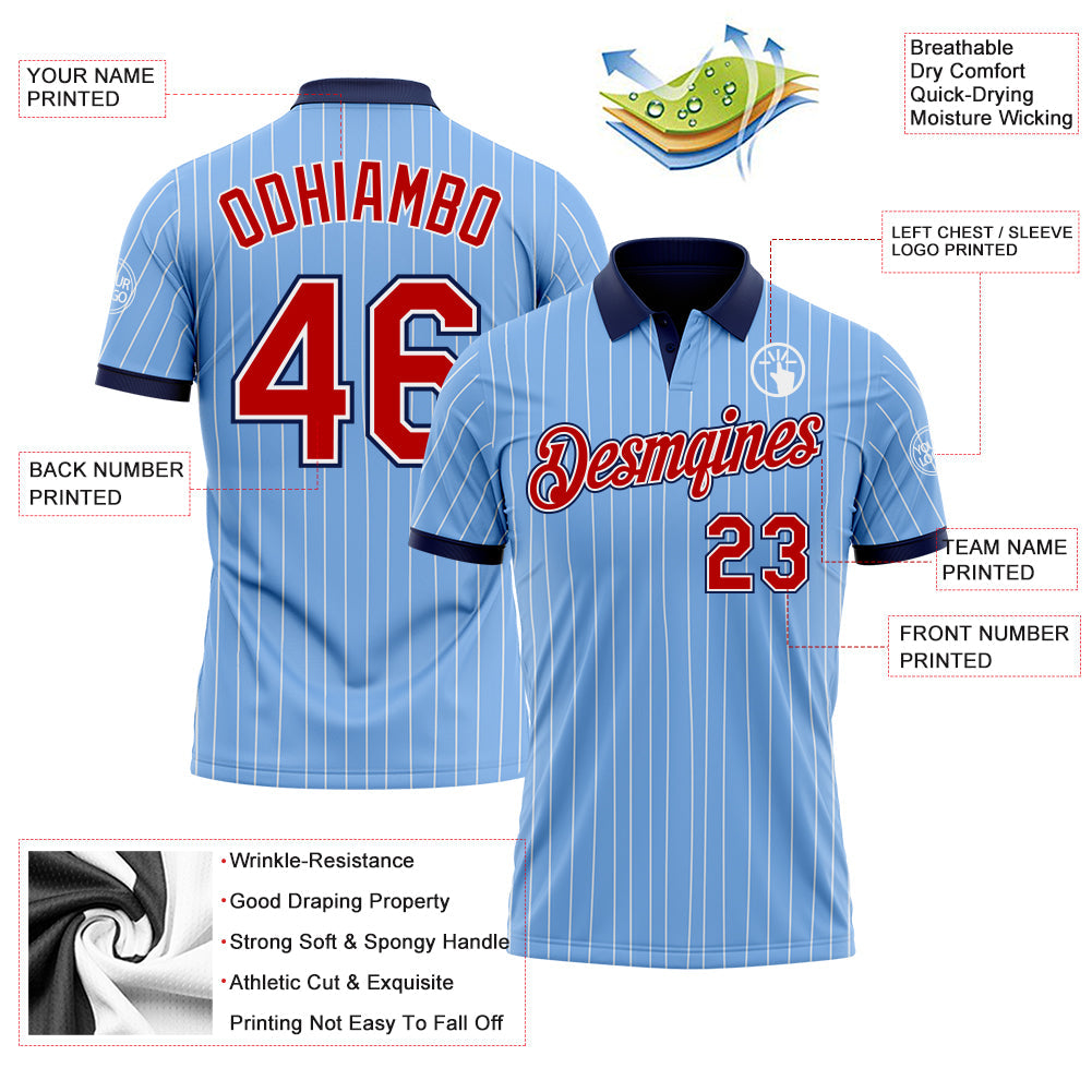 Custom Light Blue White Pinstripe Red-Navy Performance Polo Shirt