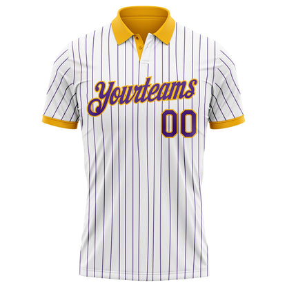 Custom White Purple Pinstripe-Gold Performance Polo Shirt