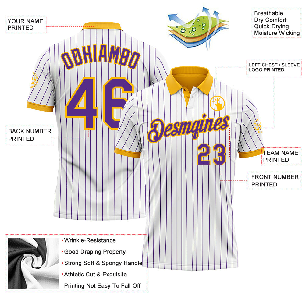 Custom White Purple Pinstripe-Gold Performance Polo Shirt