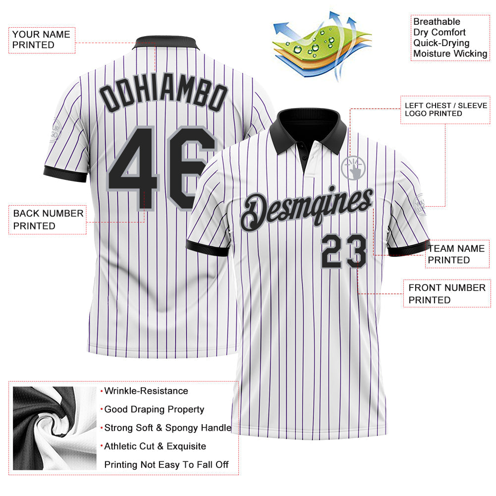 Custom White Purple Pinstripe Black-Gray Performance Polo Shirt