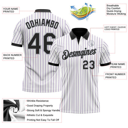 Custom White Purple Pinstripe Black-Gray Performance Polo Shirt