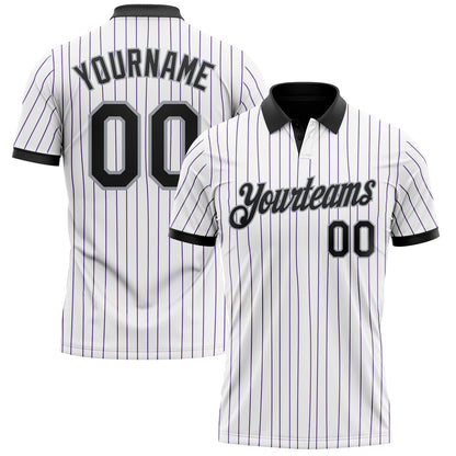 Custom White Purple Pinstripe Black-Gray Performance Polo Shirt