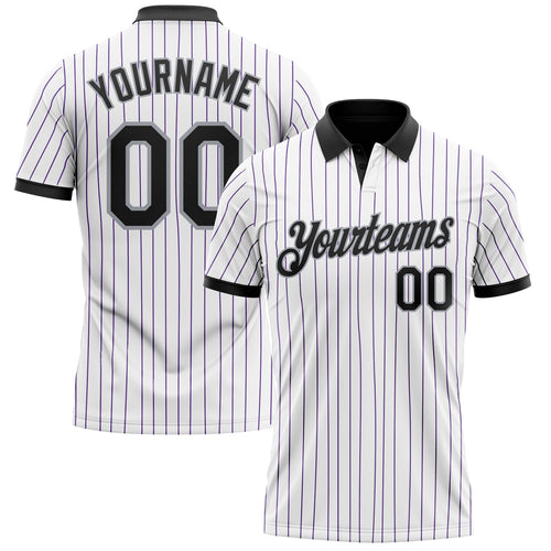 Custom White Purple Pinstripe Black-Gray Performance Polo Shirt