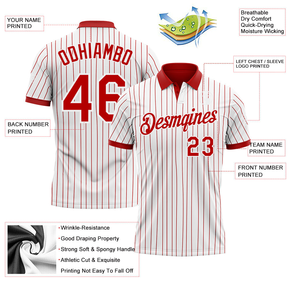 Custom White Red Pinstripe-Red Performance Polo Shirt