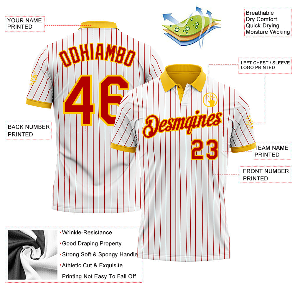 Custom White Red Pinstripe-Yellow Performance Polo Shirt