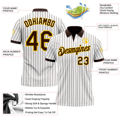 Custom White Brown Pinstripe-Yellow Performance Polo Shirt