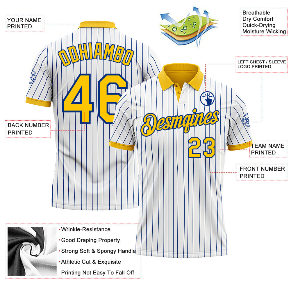 Custom White Royal Pinstripe-Yellow Performance Polo Shirt