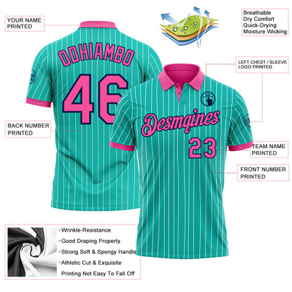 Custom Aqua White Pinstripe Pink-Navy Performance Polo Shirt