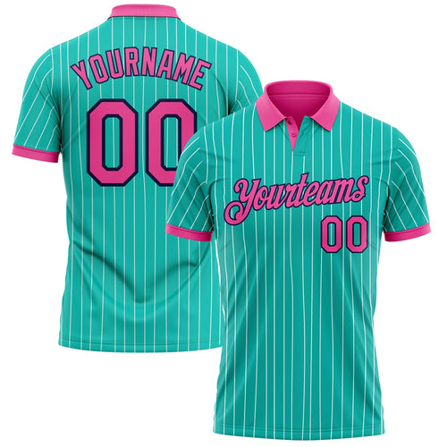Custom Aqua White Pinstripe Pink-Navy Performance Polo Shirt