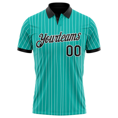 Custom Aqua White Pinstripe-Black Performance Polo Shirt