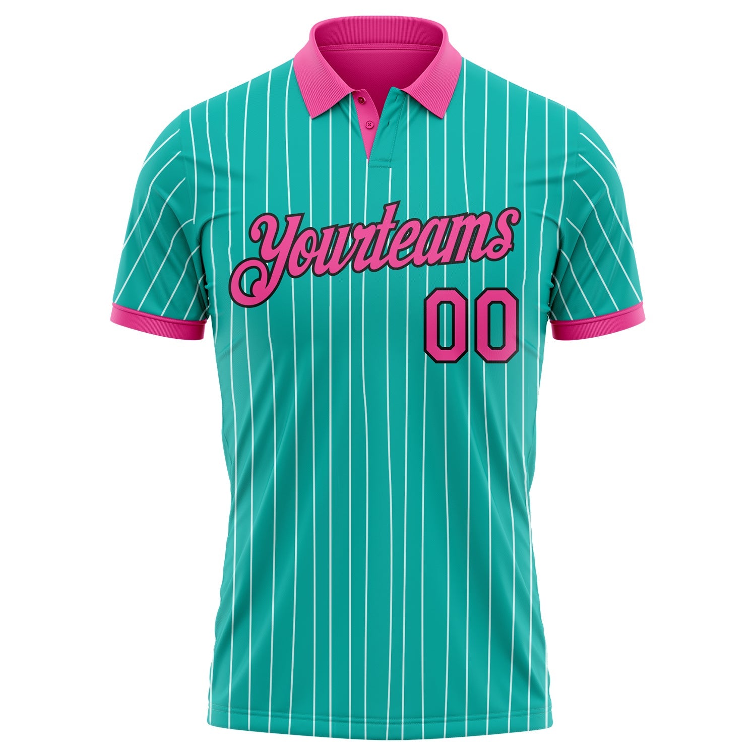 Custom Aqua White Pinstripe Pink-Black Performance Polo Shirt