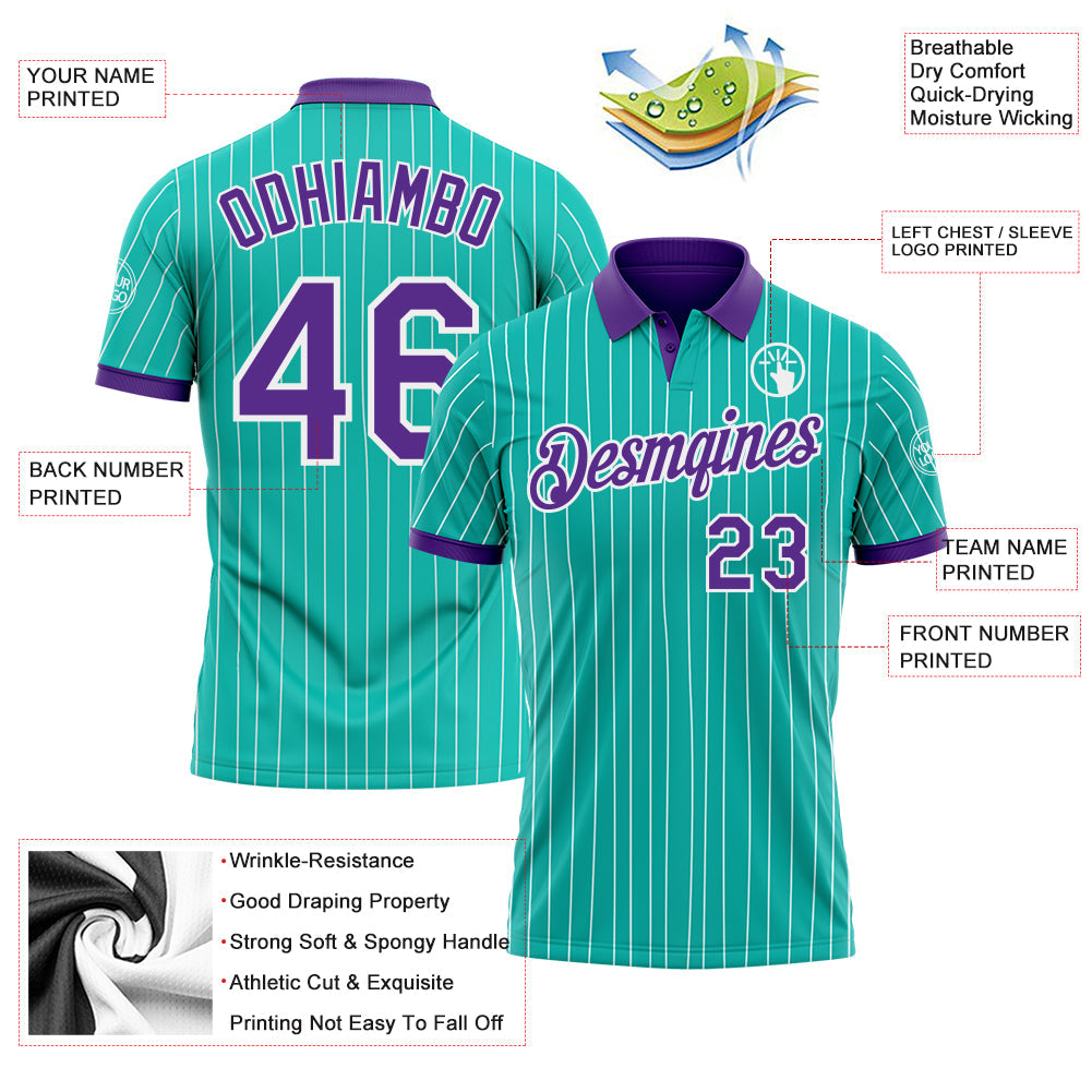 Custom Aqua White Pinstripe-Purple Performance Polo Shirt