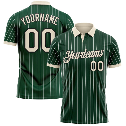 Custom Green White Pinstripe Cream-Black Performance Polo Shirt