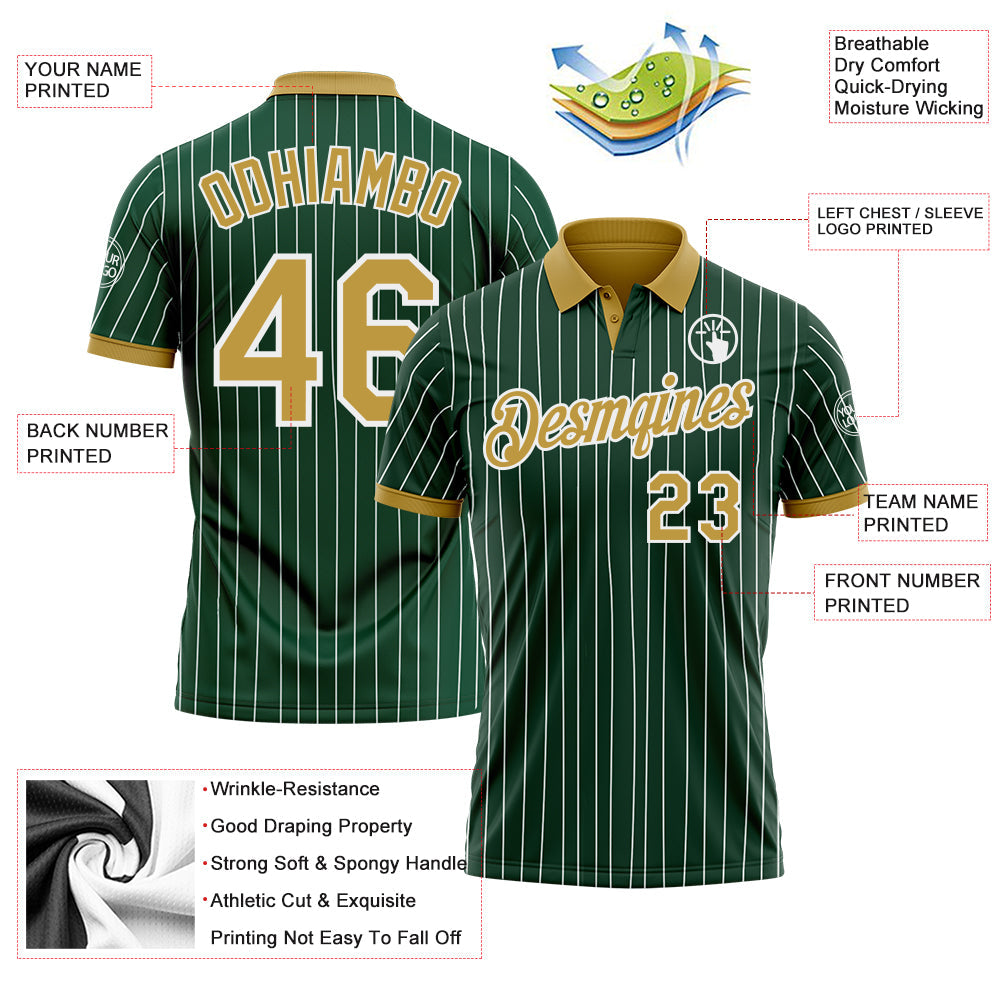 Custom Green White Pinstripe-Old Gold Performance Polo Shirt