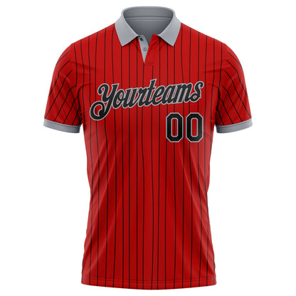 Custom Red Black Pinstripe-Gray Performance Polo Shirt