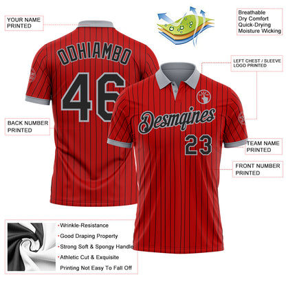 Custom Red Black Pinstripe-Gray Performance Polo Shirt