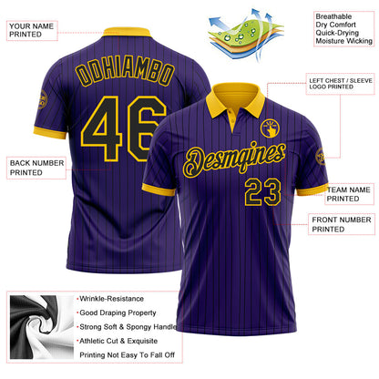 Custom Purple Black Pinstripe-Yellow Performance Polo Shirt