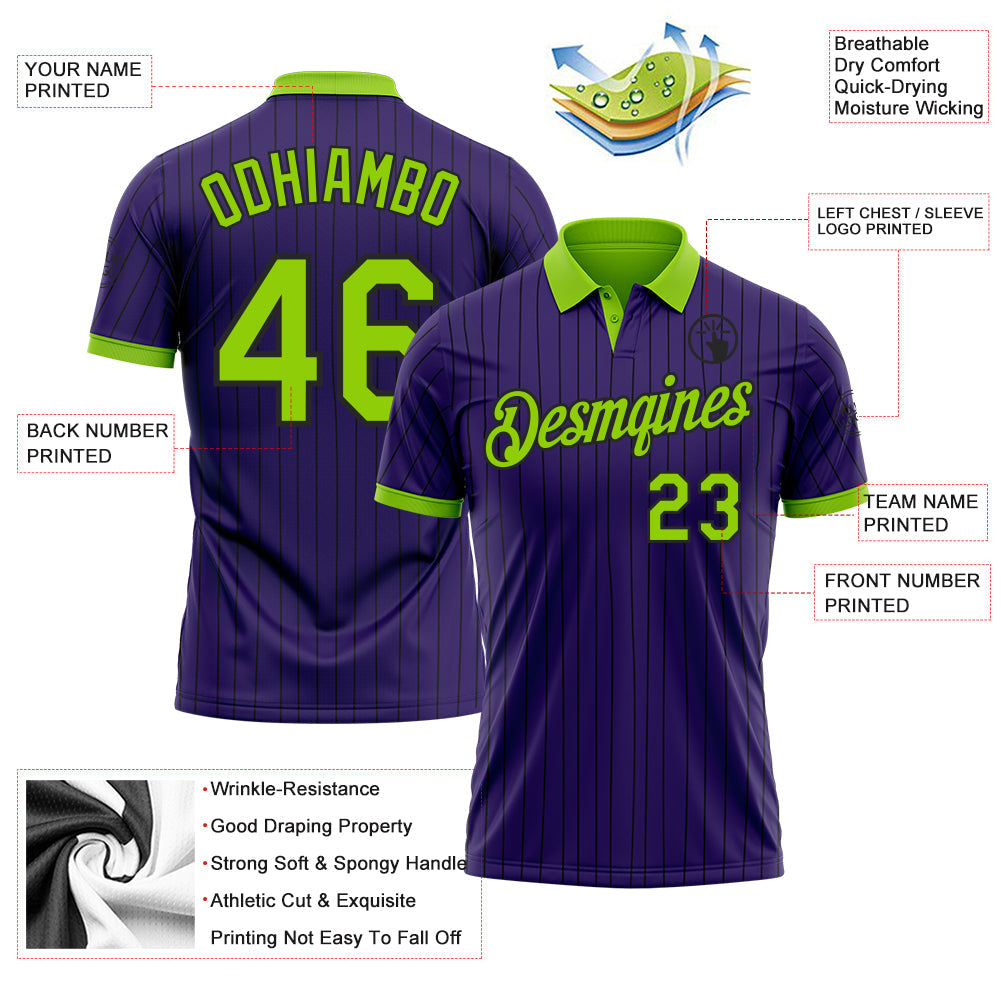 Custom Purple Black Pinstripe-Neon Green Performance Polo Shirt