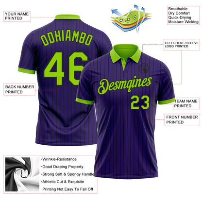 Custom Purple Black Pinstripe-Neon Green Performance Polo Shirt