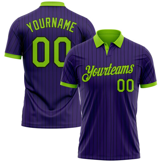 Custom Purple Black Pinstripe-Neon Green Performance Polo Shirt