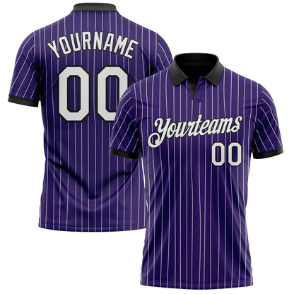 Custom Purple White Pinstripe-Black Performance Polo Shirt