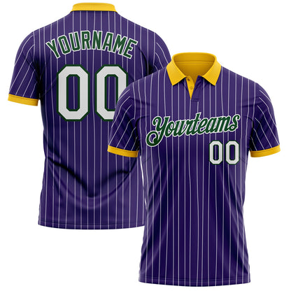 Custom Purple White Pinstripe Green-Yellow Performance Polo Shirt