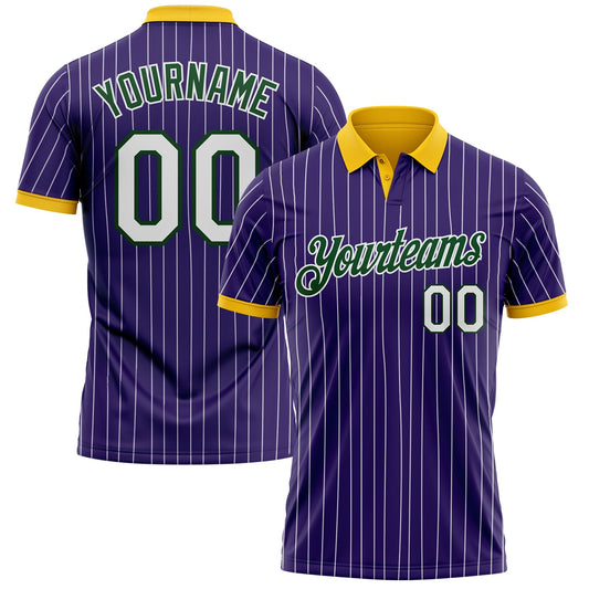 Custom Purple White Pinstripe Green-Yellow Performance Polo Shirt