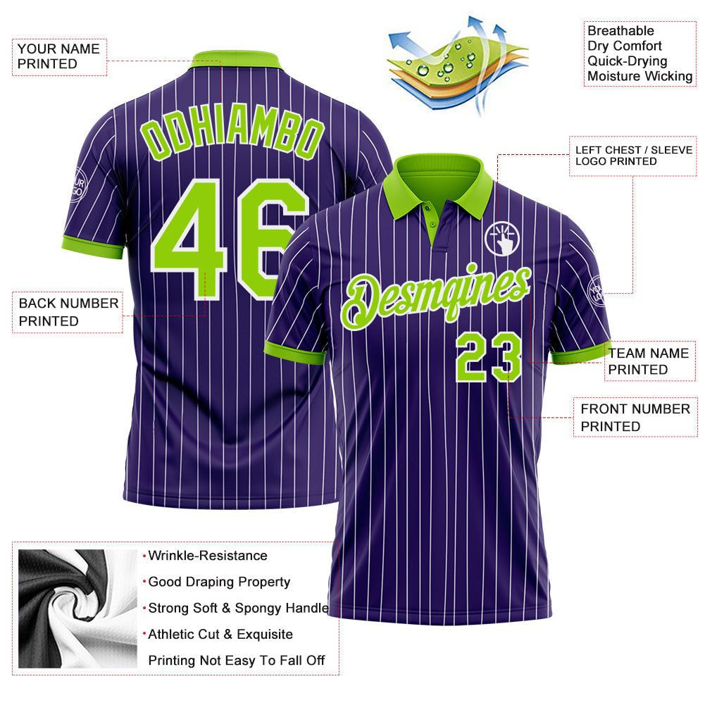 Custom Purple White Pinstripe-Neon Green Performance Polo Shirt