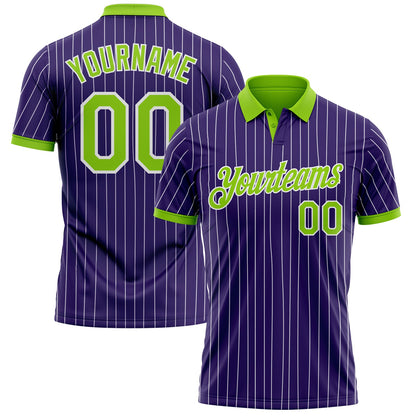 Custom Purple White Pinstripe-Neon Green Performance Polo Shirt