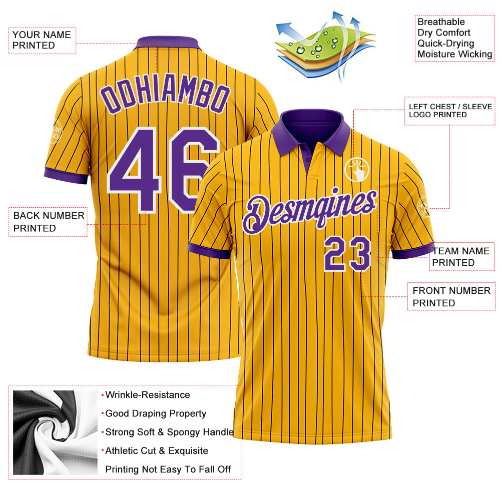 Custom Yellow Black Pinstripe Purple-White Performance Polo Shirt