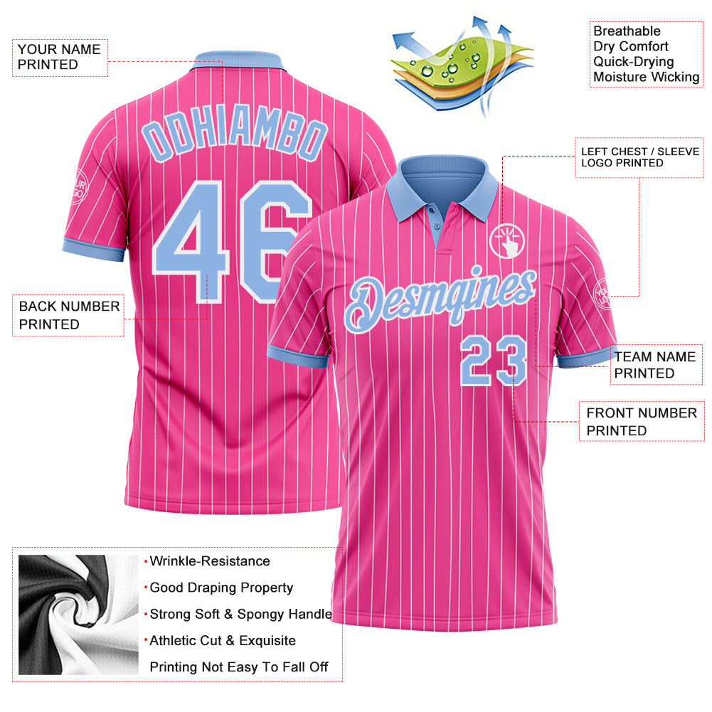 Custom Pink White Pinstripe-Light Blue Performance Polo Shirt