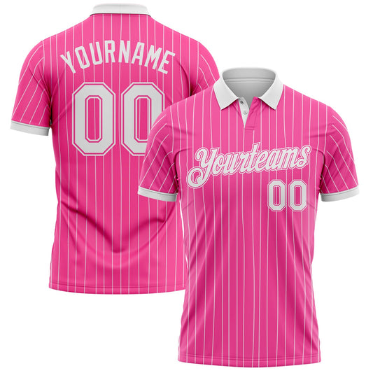 Custom Pink White Pinstripe-White Performance Polo Shirt
