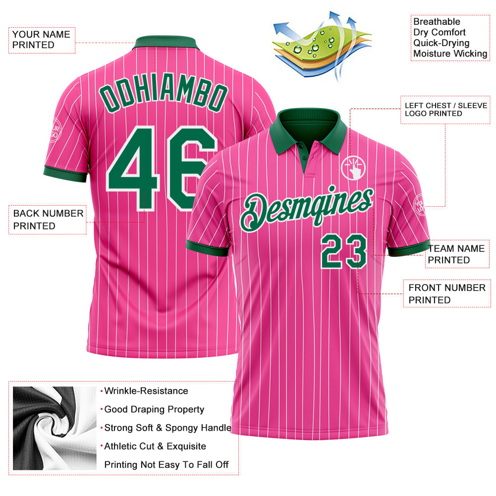 Custom Pink White Pinstripe-Kelly Green Performance Polo Shirt