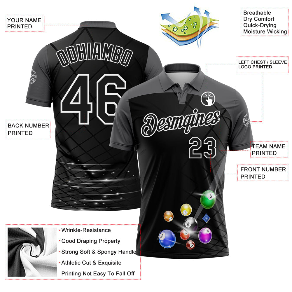 Custom Black Steel Gray-White Billiard Balls Performance Polo Shirt