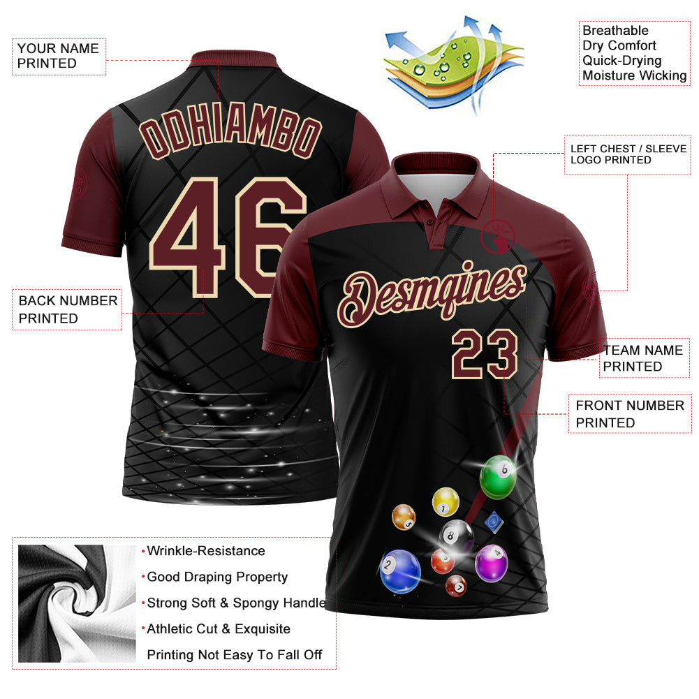 Custom Black Crimson-Cream Billiard Balls Performance Polo Shirt