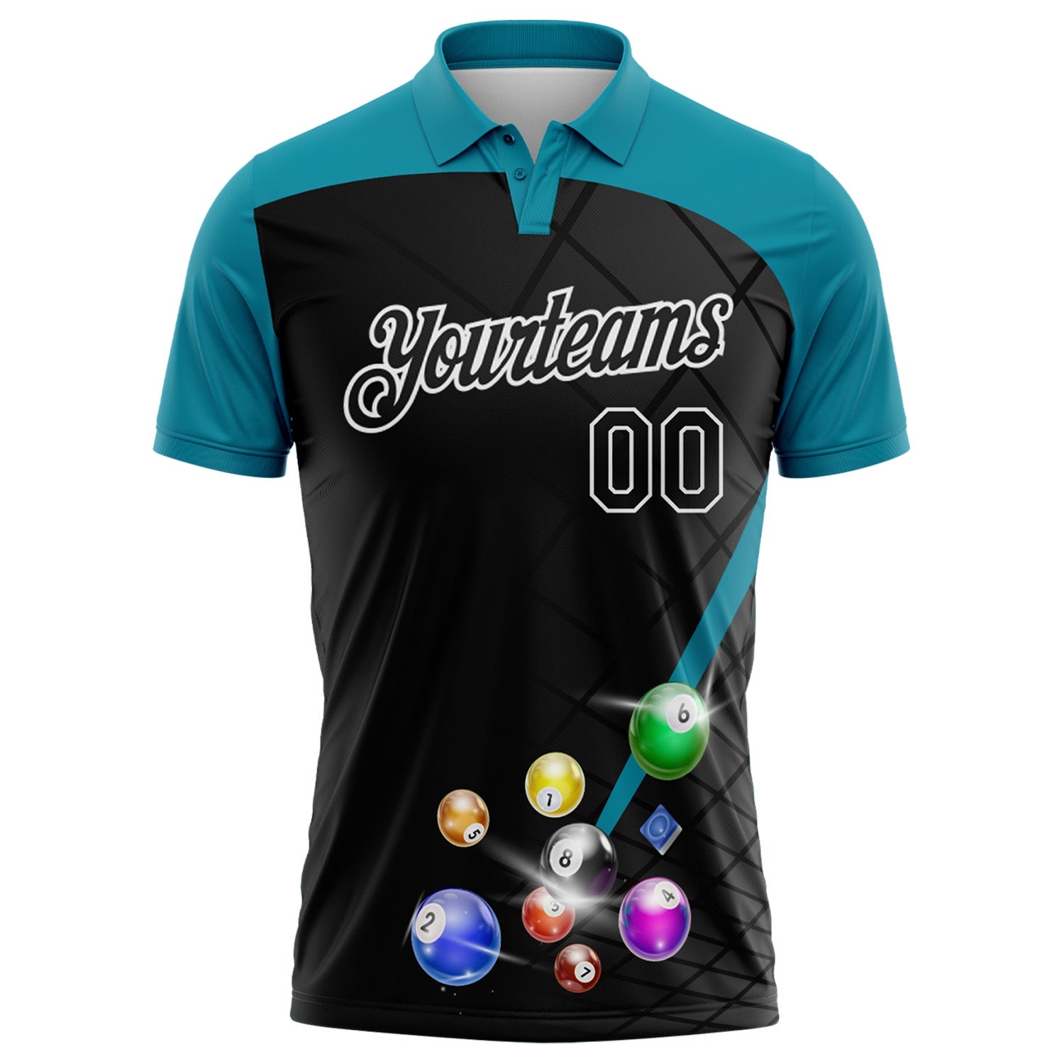 Custom Black Teal-White Billiard Balls Performance Polo Shirt