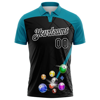 Custom Black Teal-White Billiard Balls Performance Polo Shirt