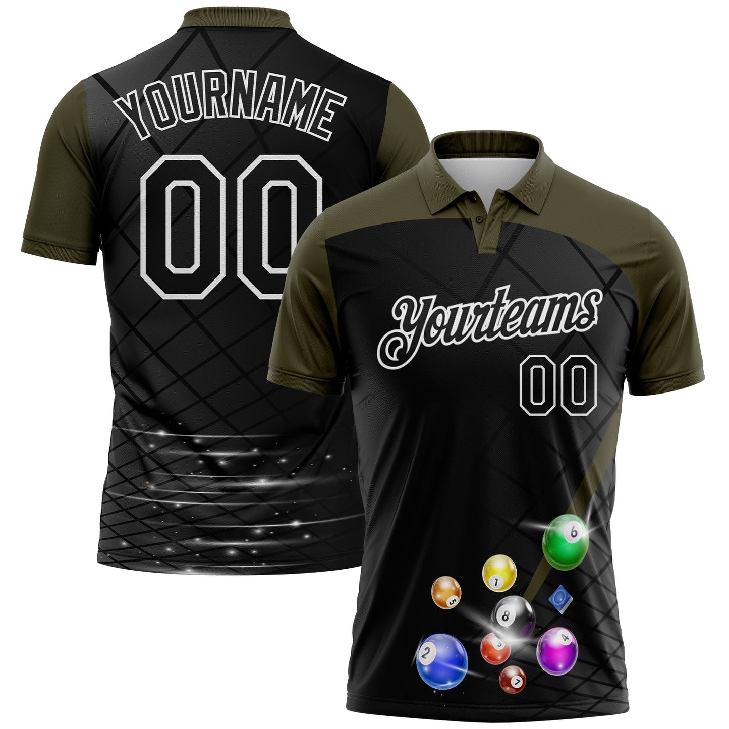 Custom Black Olive-White Billiard Balls Performance Polo Shirt