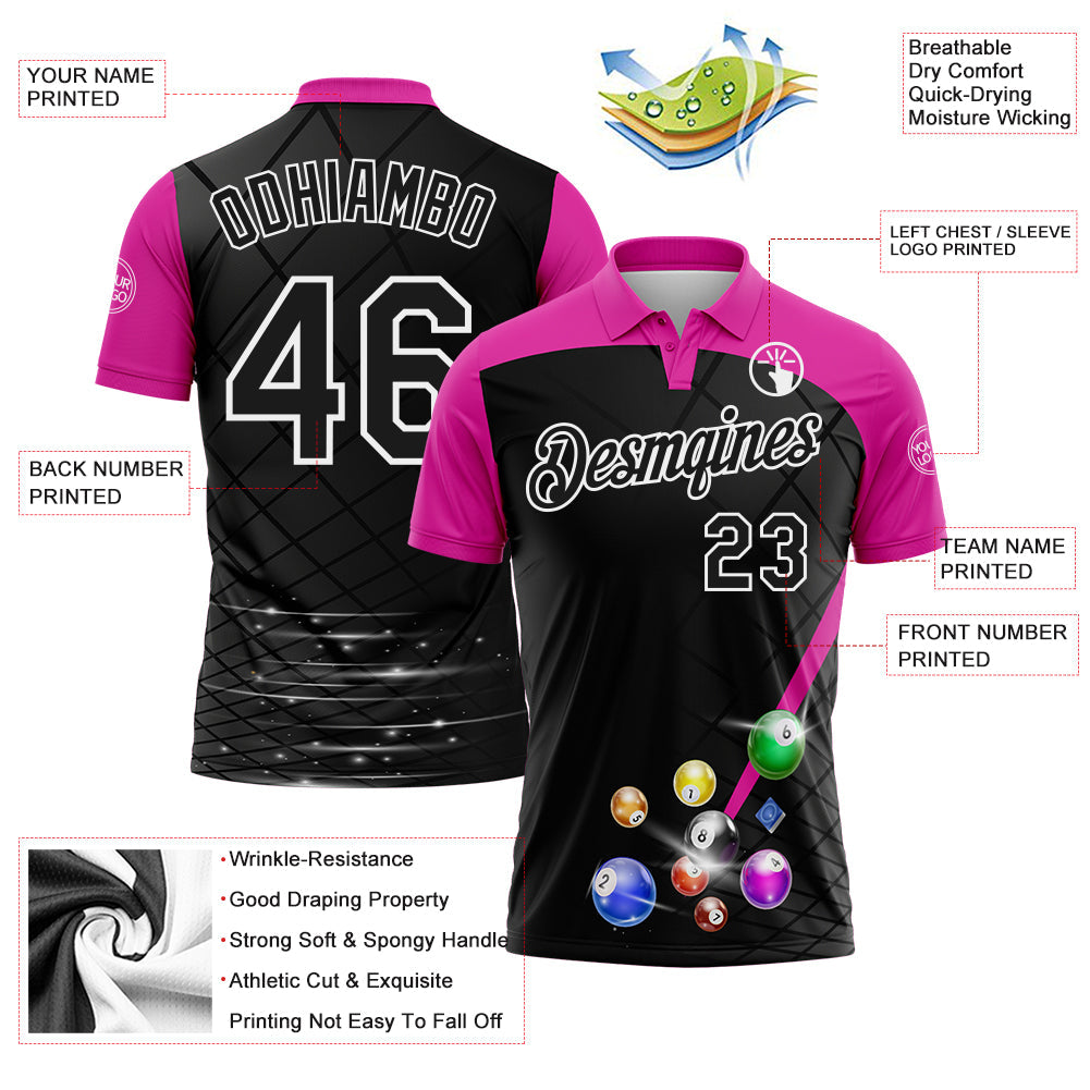 Custom Black Deep Pink-White Billiard Balls Performance Polo Shirt