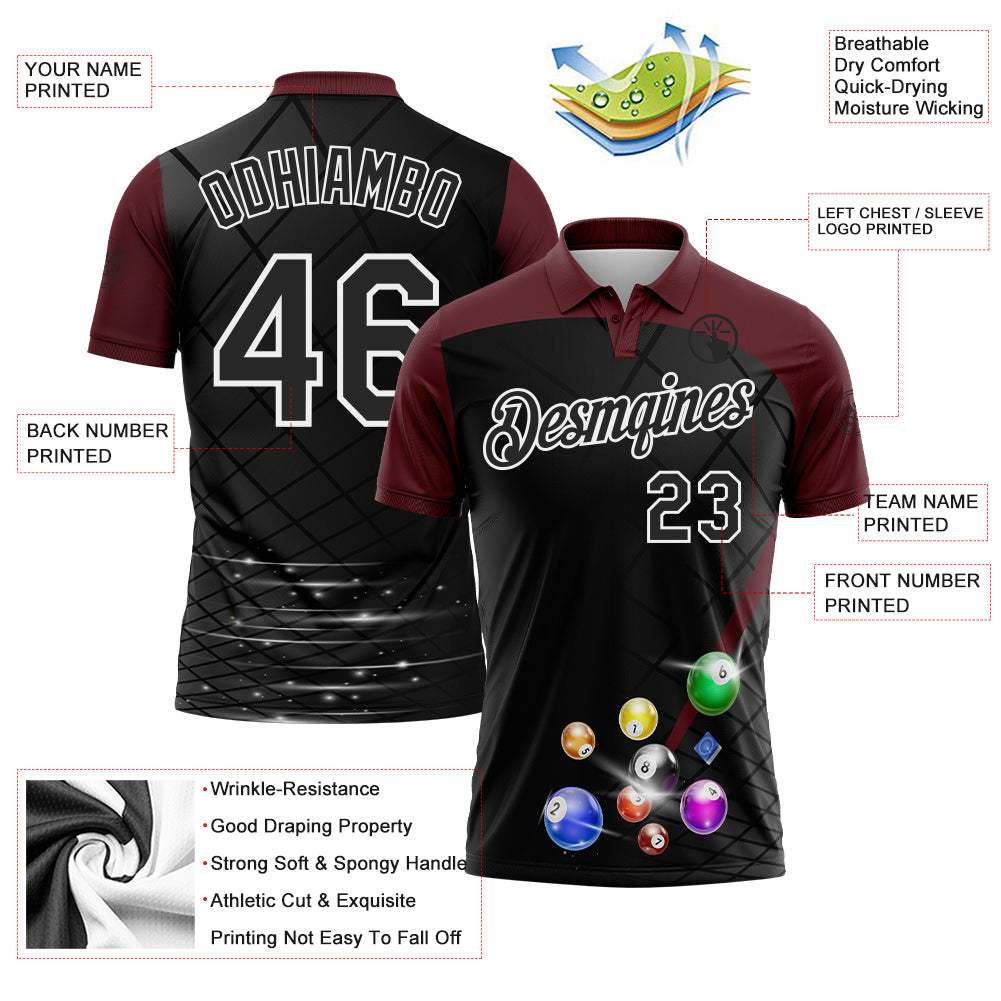 Custom Black Maroon-White Billiard Balls Performance Polo Shirt