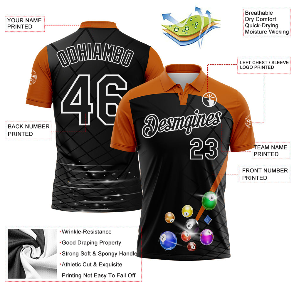 Custom Black Texas Orange-White Billiard Balls Geometric Grid Performance Polo Shirt