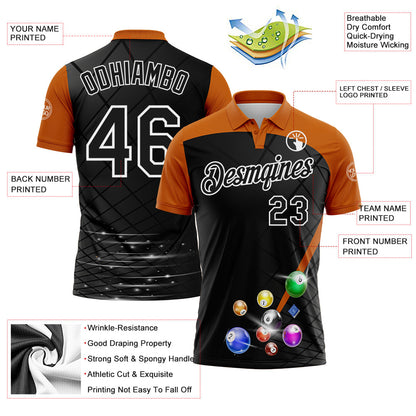 Custom Black Texas Orange-White Billiard Balls Geometric Grid Performance Polo Shirt