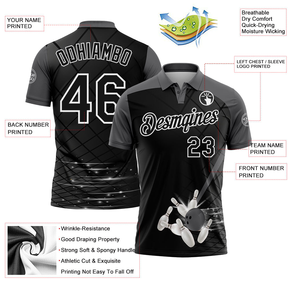 Custom Black Steel Gray-White Bowling Geometric Grid Performance Polo Shirt