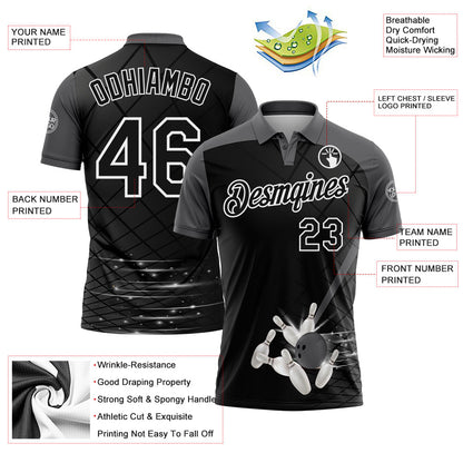 Custom Black Steel Gray-White Bowling Geometric Grid Performance Polo Shirt