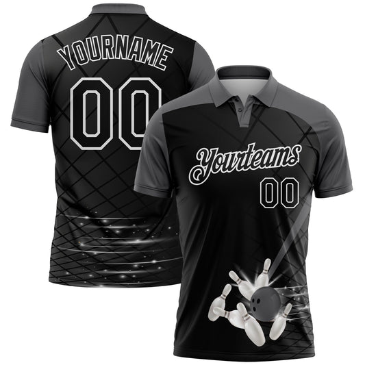 Custom Black Steel Gray-White Bowling Geometric Grid Performance Polo Shirt