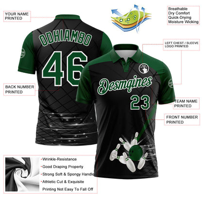 Custom Black Green-White Bowling Geometric Grid Performance Polo Shirt