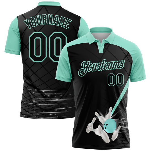 Custom Black-Ice Blue Bowling Geometric Grid Performance Polo Shirt